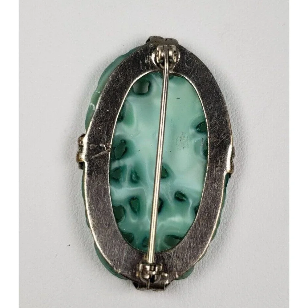 Vintage 1900 - 1920 Art Deco Carved Butterfly Jadeite Jade Silver Tone Brooch - Picture 12 of 14